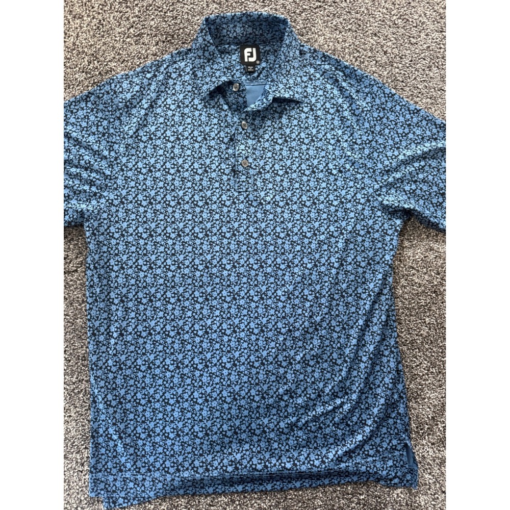 FootJoy Mens Lisle Floral Print Golf Polo Shirt Blue Navy Short Sleeve Size M